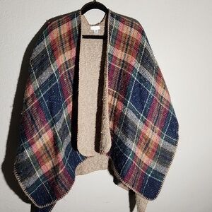 C Open Poncho Sweater Wrap One Size Plaid